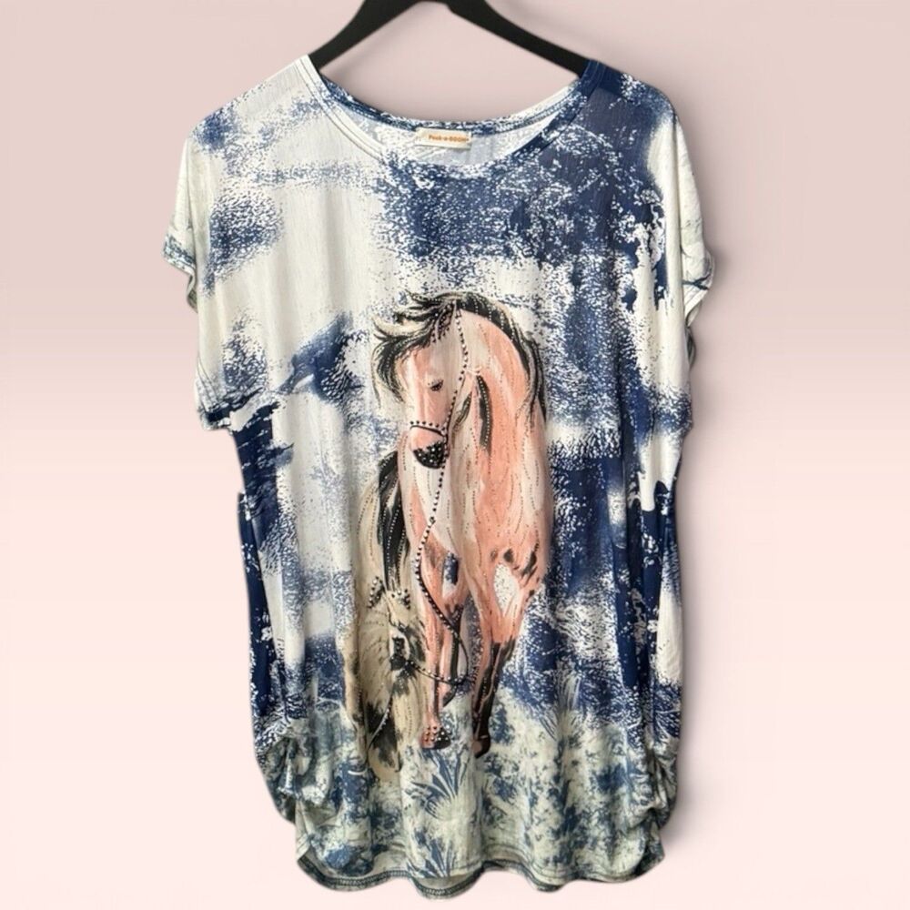 Peek-a-Boom Plus One Size Horse Rhinestone Tunic Top Blue White Tie Dye Stretch